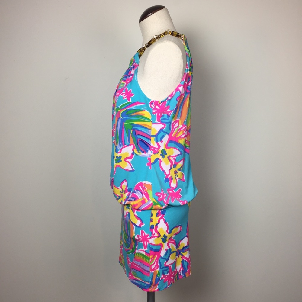 Lilly Pulitzer Turquoise Floral Halter Mini Dress with Gold Chain - Picture 4 of 7